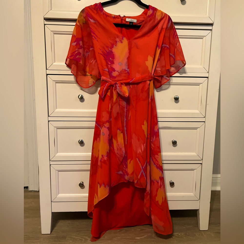 Halston dress. High front low back. Fabric tie at waste.